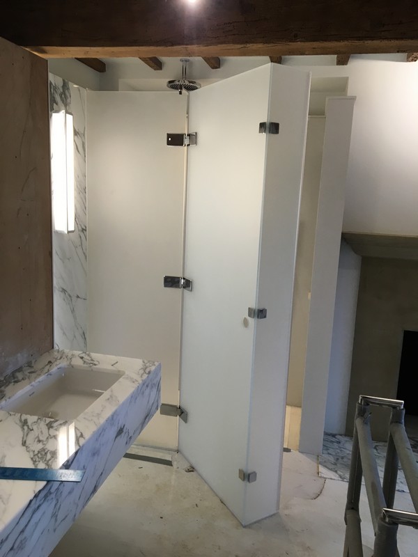 Bespoke frosted glass shower enclosure in Peckham luxury bathroom